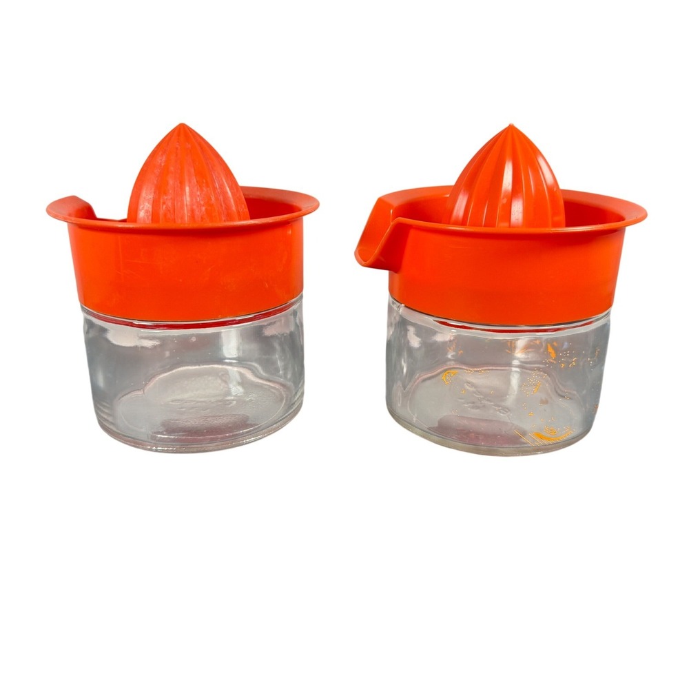 Vintage Orange Citrus Juicer Set 2 Glass Base Plastic Reamer Mid Century Retro